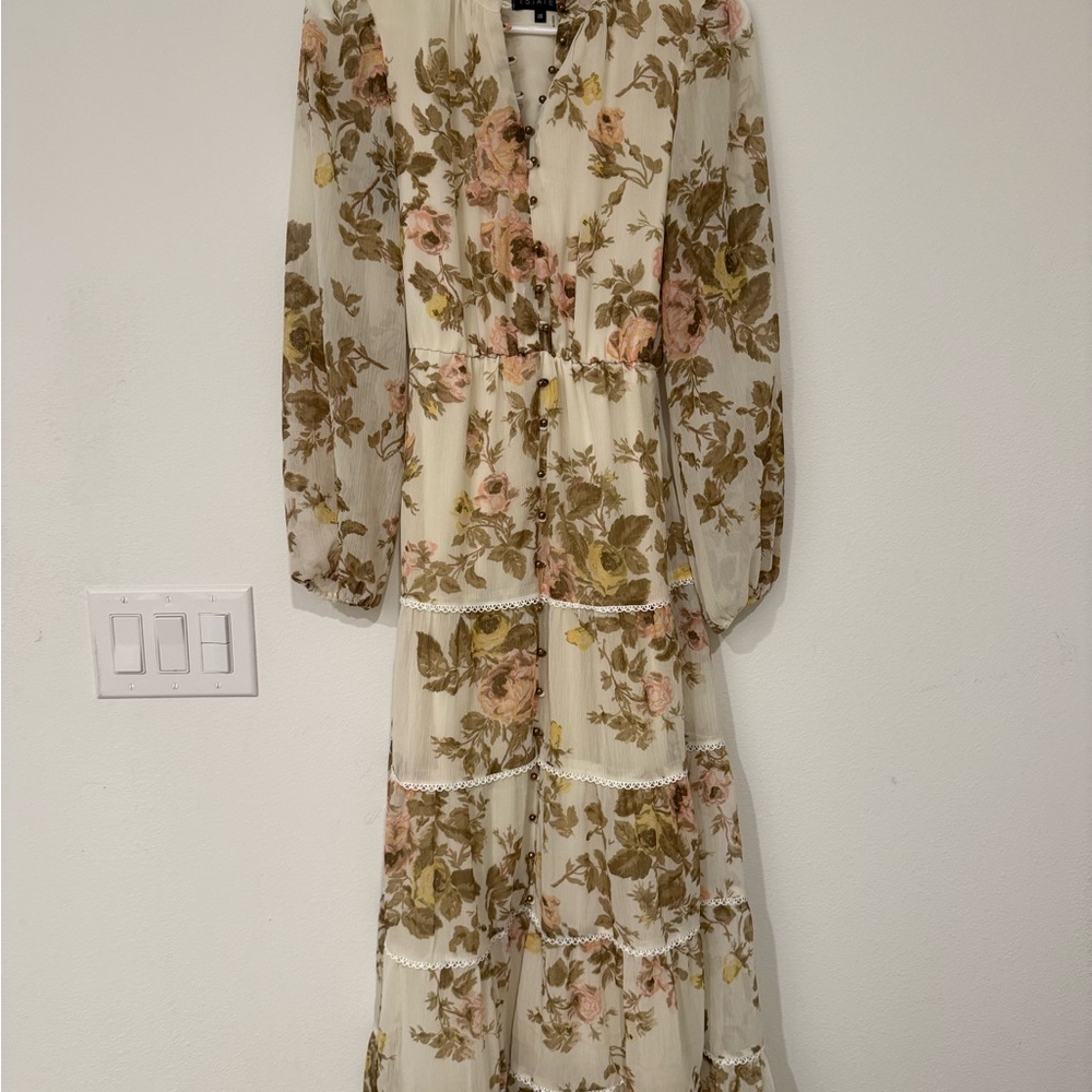 1. State Floral Long Sleeve Dress - Cream and Green